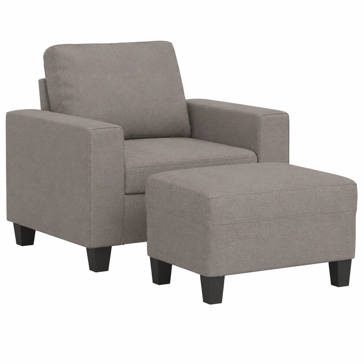 Bequemer Relaxsessel mit Hocker in Taupe, gepolsterter Sitz und Rücken, robustes Sperrholz-Metallgestell