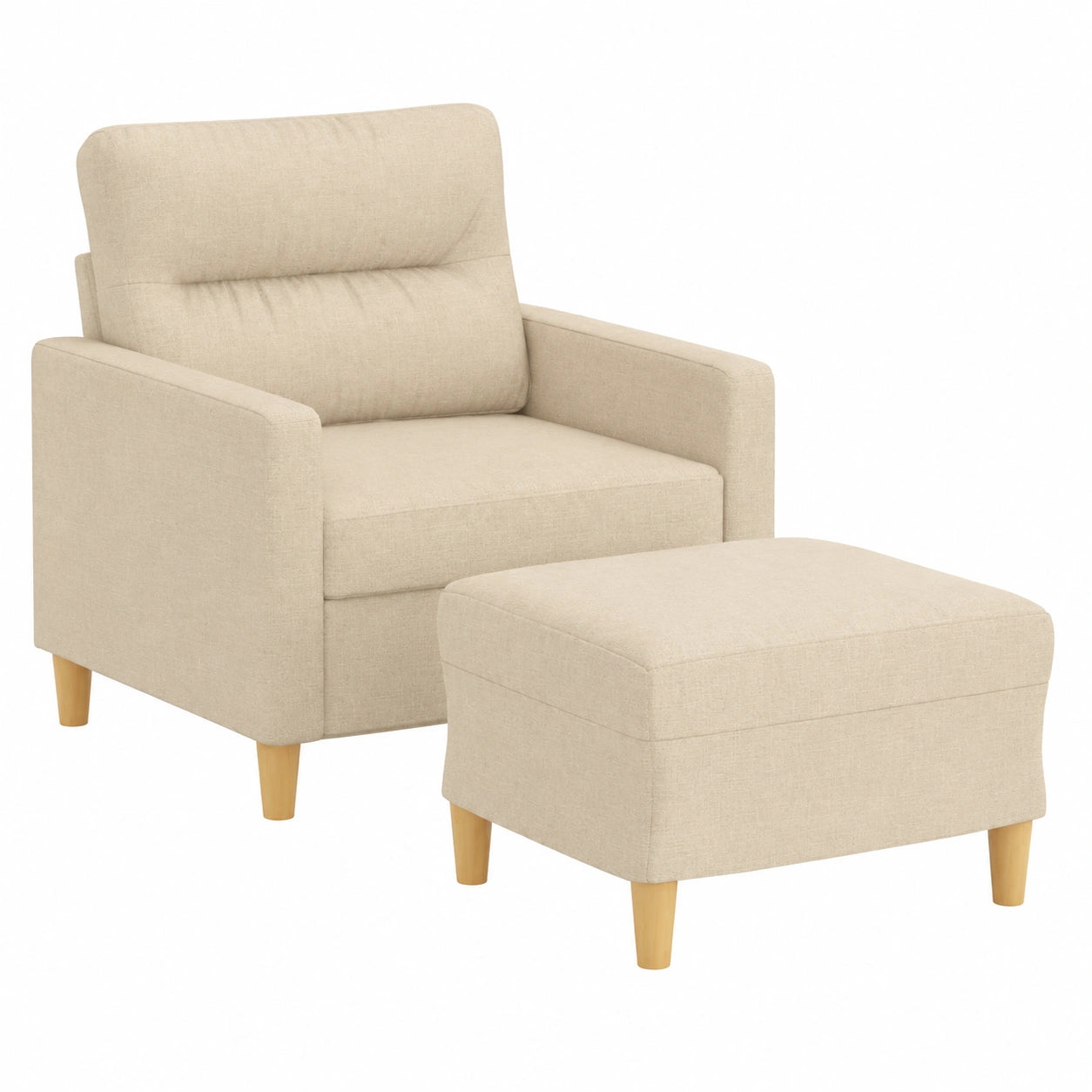 Bequemer Sessel mit Hocker in Creme, gepolsterter Relaxsessel mit stabilem Gestell aus Sperrholz und Metall