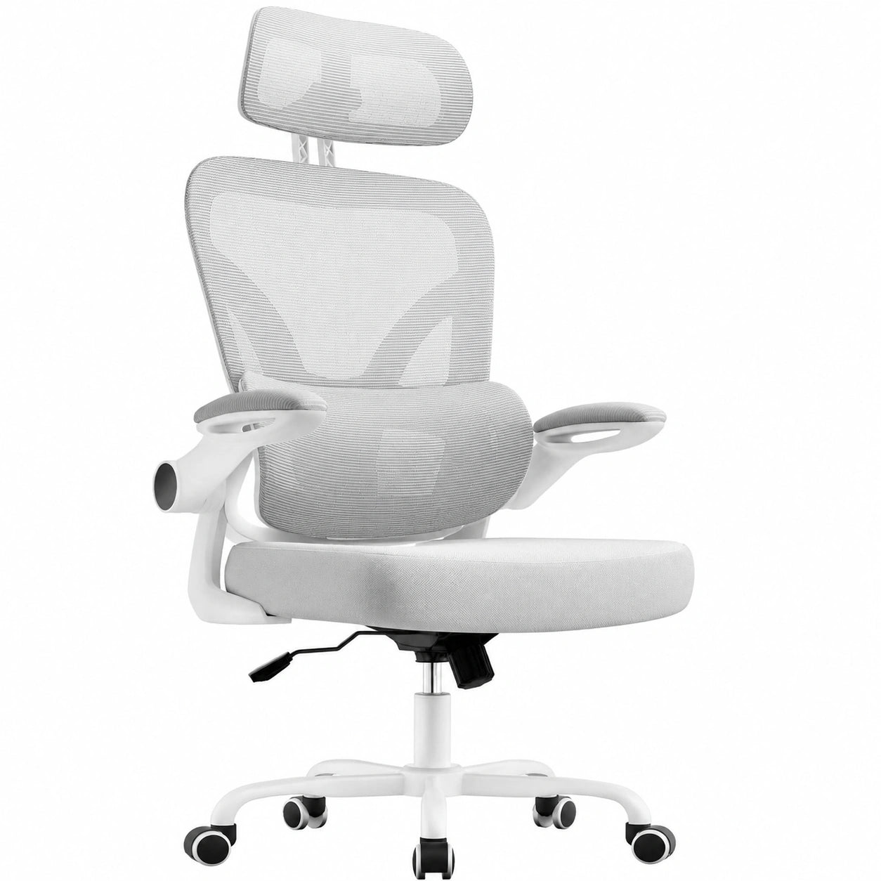 Ergonomischer Bürostuhl mit 3D-Kopfstütze und verstellbarer Lordosenstütze, Klappbare Armlehnen, Netzbezug, Drehbar für Home-Office, Grau