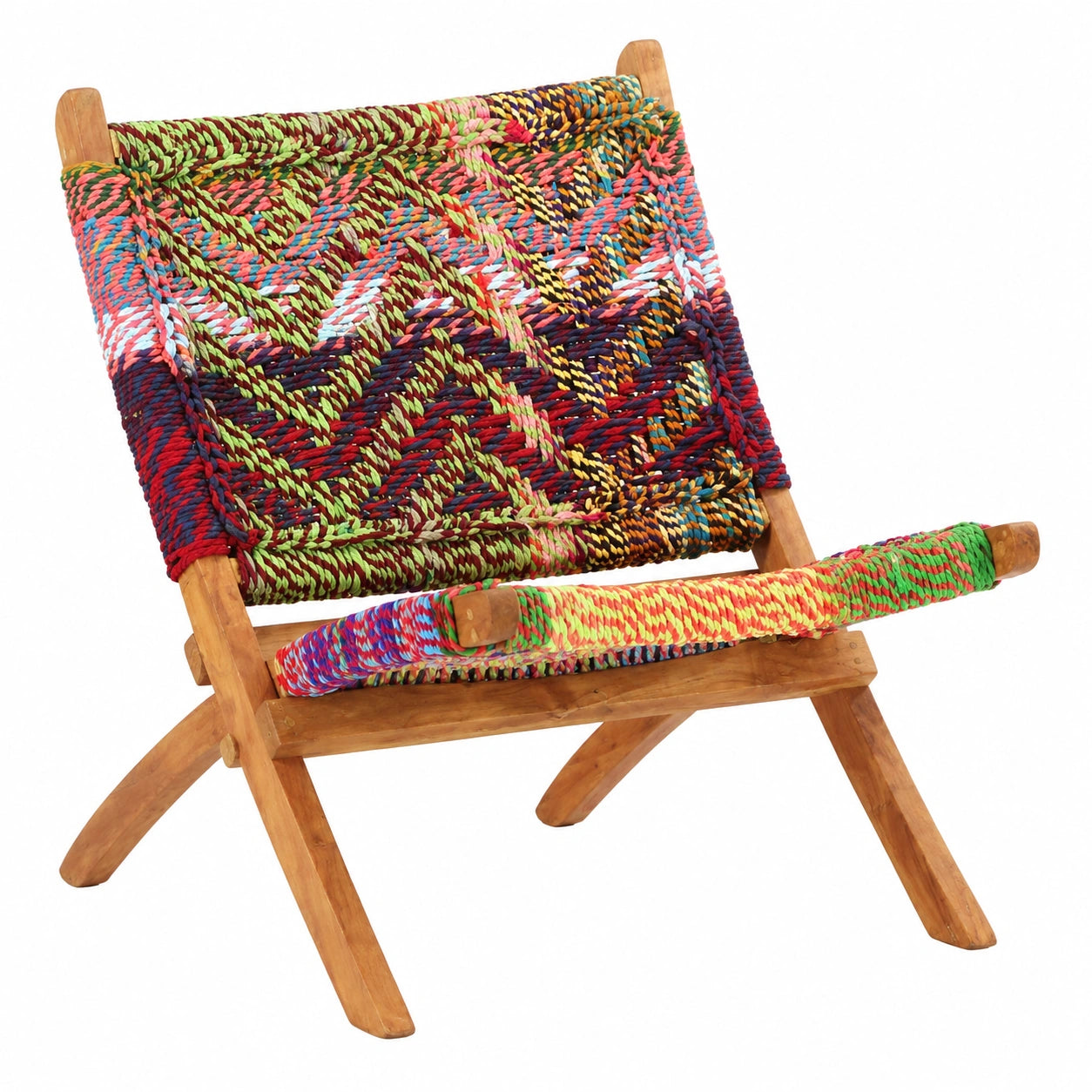 Handgeflochtener Relaxstuhl aus Akazienholz und Chindi-Stoff, bis 110kg, für Wohnzimmer, 59x72x79cm