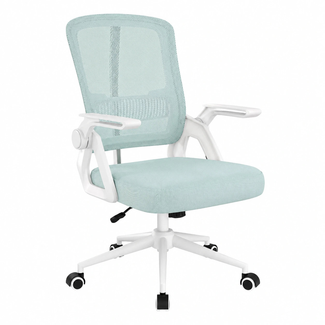 Ergonomischer Drehstuhl mit klappbaren Armlehnen, verstellbarer Lordosenstütze und Wippfunktion, grüner Netzrücken