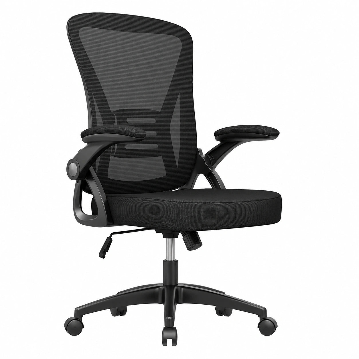 Ergonomischer Bürostuhl mit Einstellbaren Armlehnen, Netzrücken und Lendenstütze, Höhenverstellbar, Gepolstert, 360° Drehbar, Schwarz