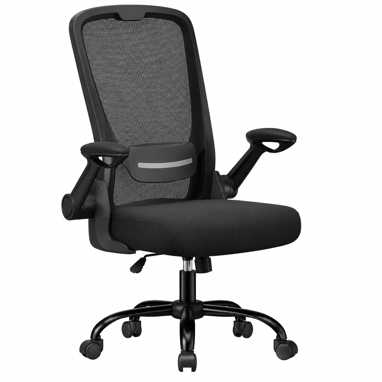 Ergonomischer Bürostuhl von SONGMICS, atmungsaktives Mesh, verstellbare Lenden- und Kopfstütze, Wippmechanik, große Sitzfläche, klappbare Armlehnen, ideal für Büro und Schlafzimmer, schwarz