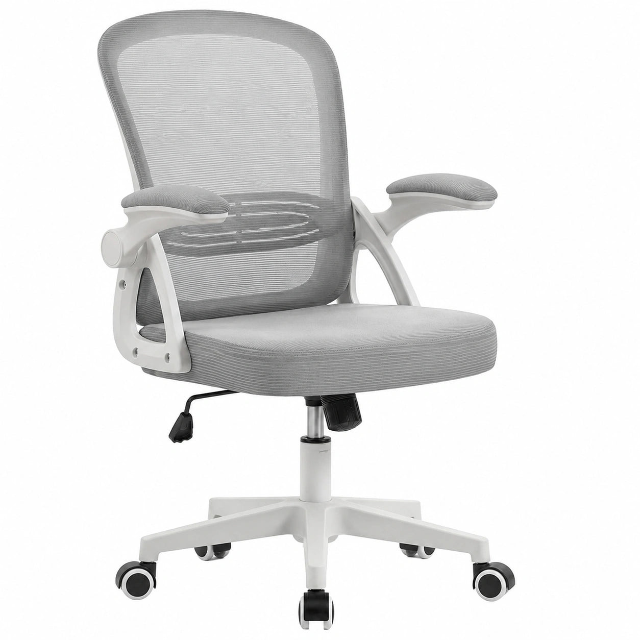 Ergonomischer Schreibtischstuhl mit Neigbarer Rückenlehne und Klappbaren Armlehnen, Höhenverstellbar für Homeoffice, Grau-Weiß