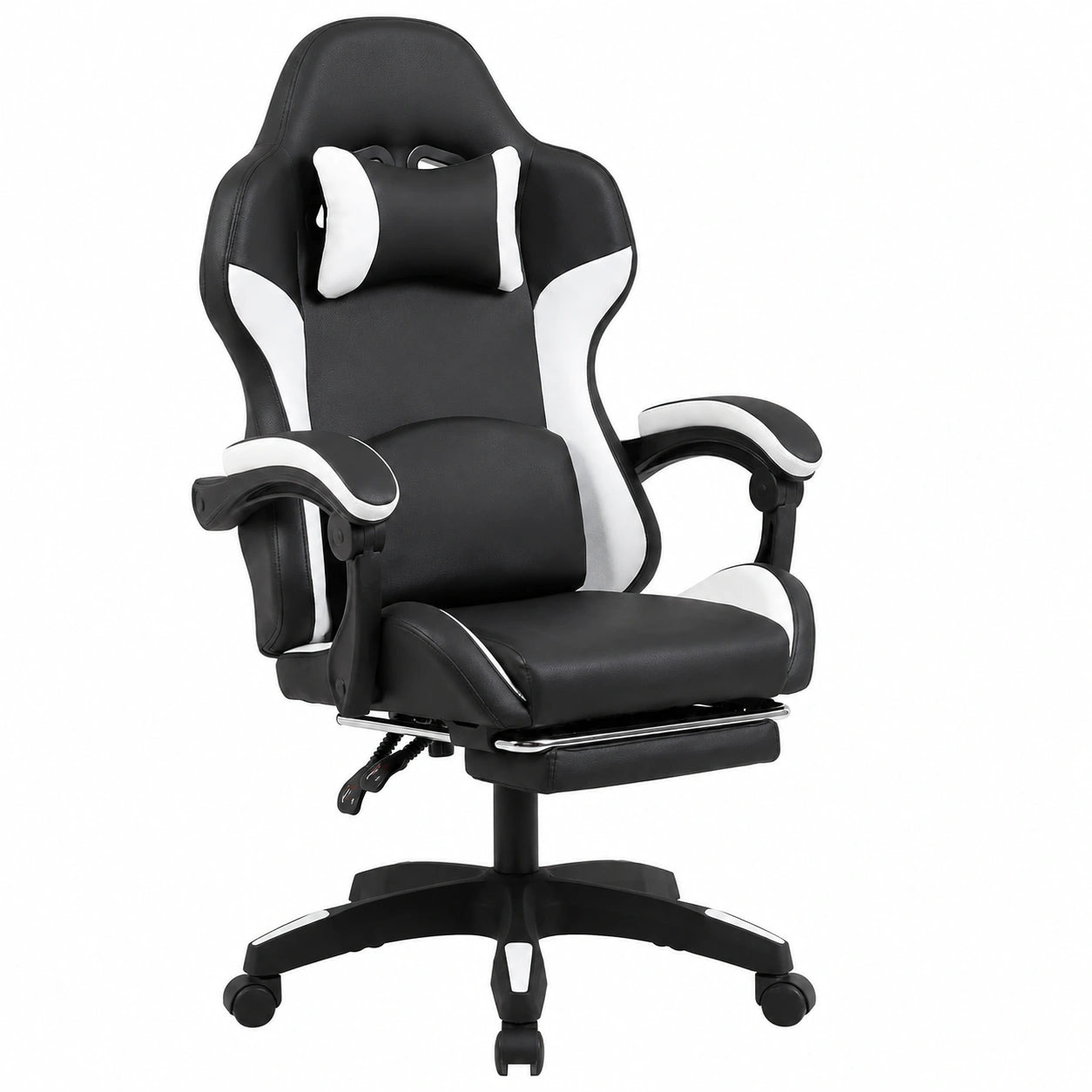 Ergonomischer Bürostuhl mit verstellbarer Fußstütze, Lenden- und Nackenstütze, Racing-Design, PU-Leder, Neigbar bis 135°, Schwarz, Belastbar bis 150kg