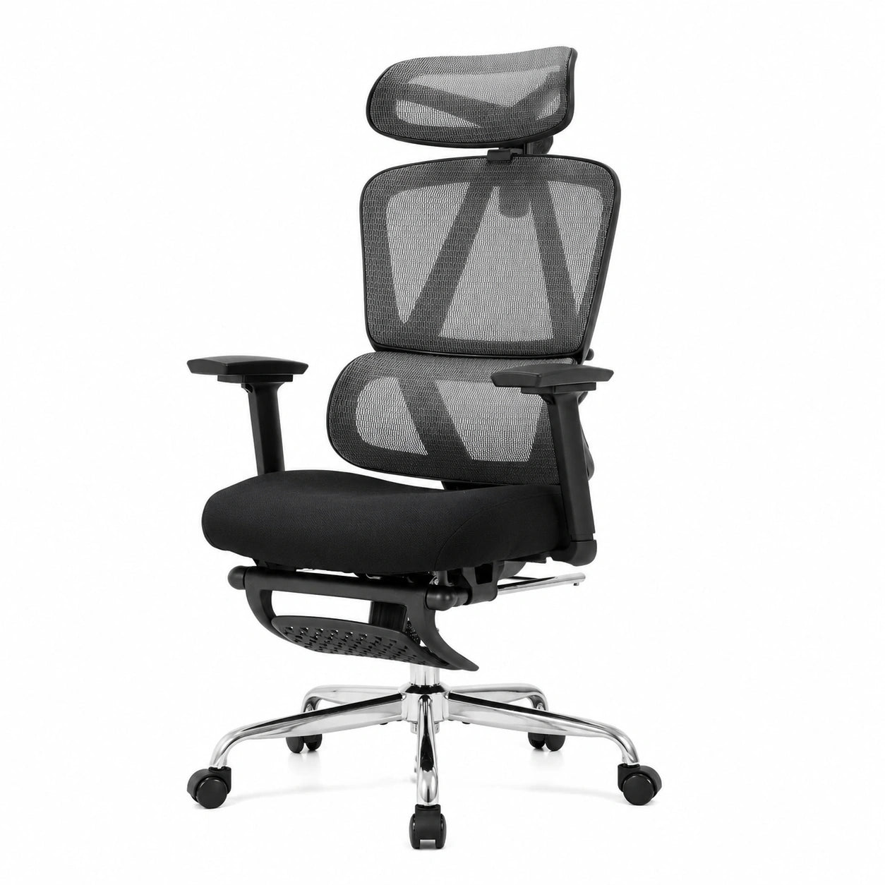 Ergonomischer Bürostuhl mit Netzbezug, Kopf- und Fußstütze, 3D-Armlehnen, Höhenverstellbar, Belastbar bis 150 kg, Grau
