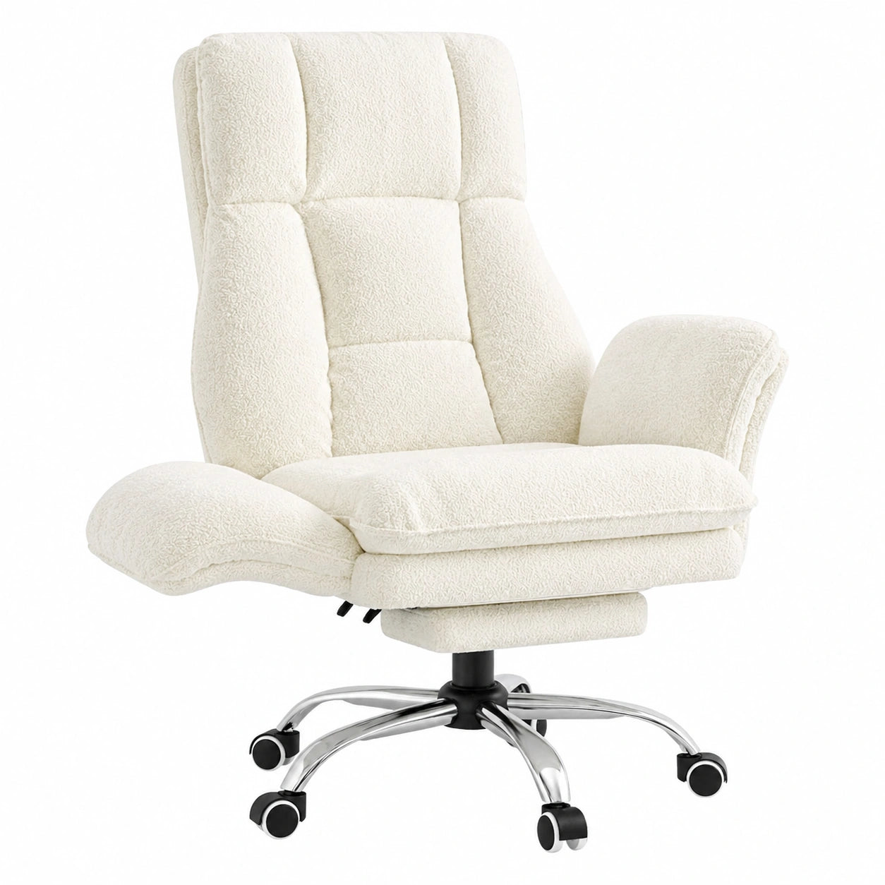 Ergonomischer Gaming-Bürostuhl mit Fußstütze und 135° neigbarer Rückenlehne, Hochlehner aus Teddy-Fleece, klappbare Armlehnen – Beige